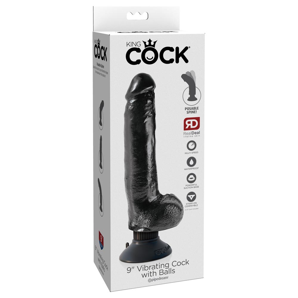 King Cock 9 inch Vibrating Cock with BallsÂ Black Vibrator Cu Ventuza Culoare Negru